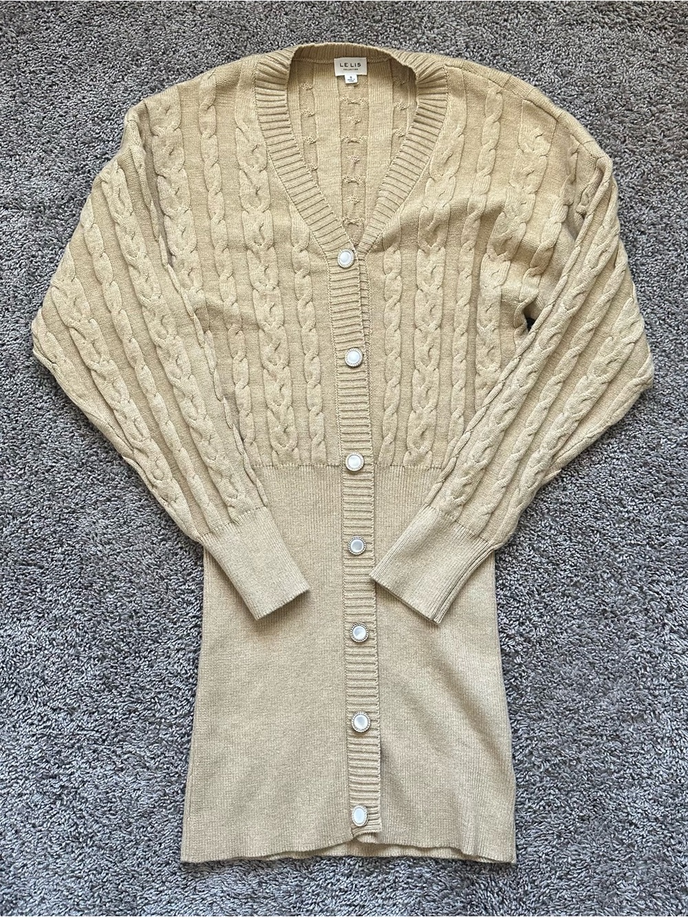 Le Lis Beige Cable-Knit Long Button Cardigan